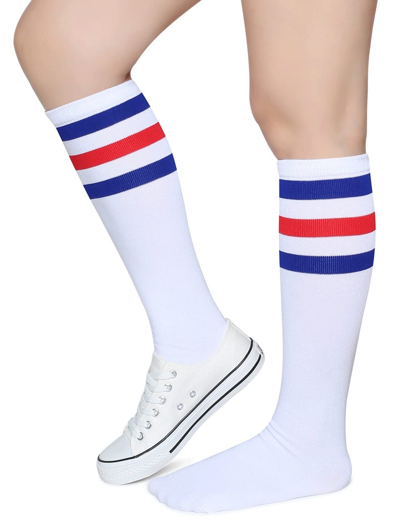 Pareberry Triple Stripes Soft Cotton Knee High Tube Socks for Men and Women (Blue/Red/White) - Image 3